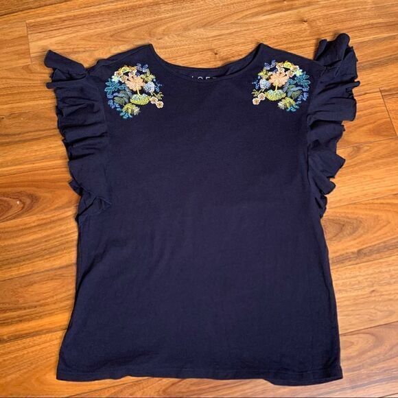 LOFT Tops - navy blue floral shirt embroidered flutter butterfly sleeve boho‎